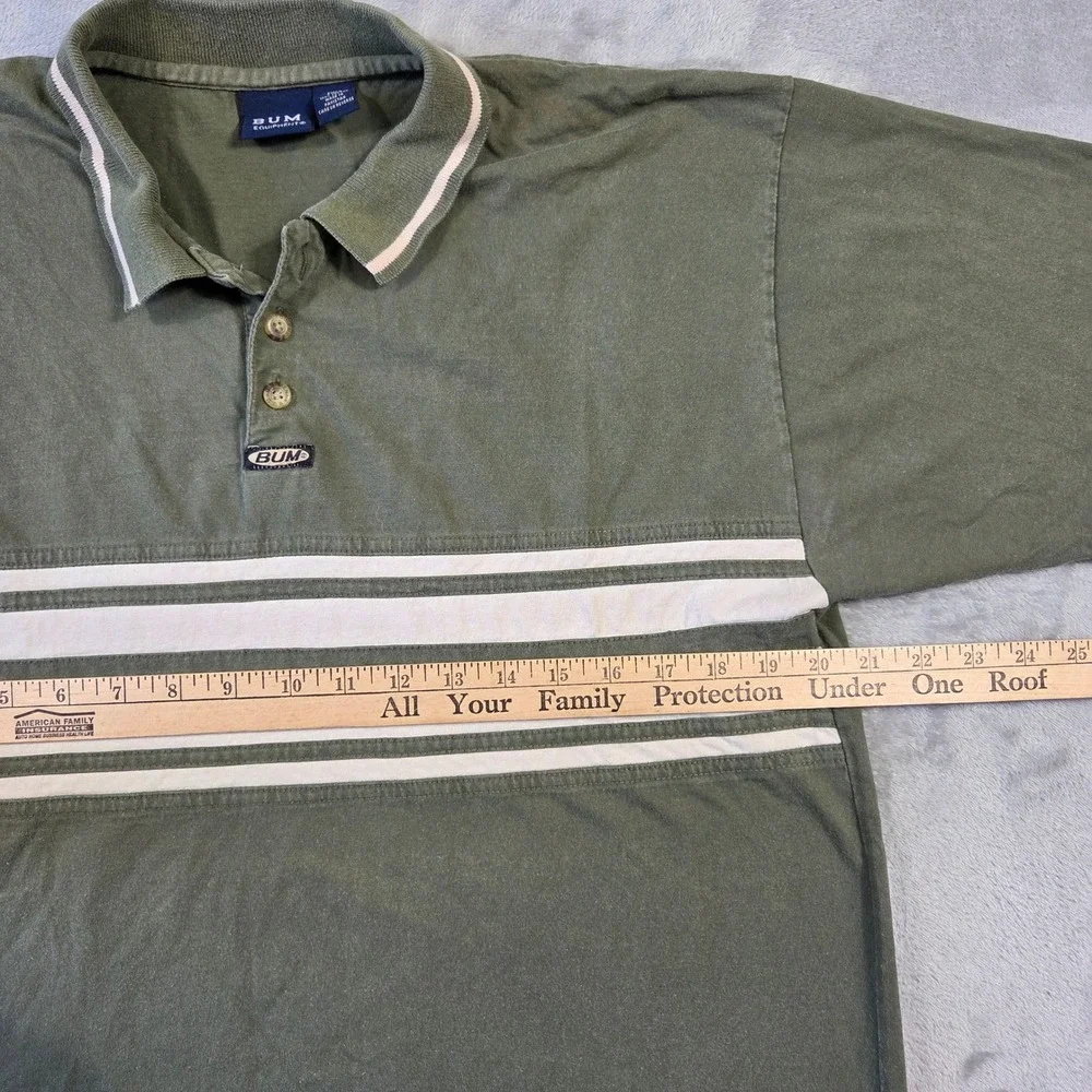 Vintage B.U.M. Equipment Polo Shirt Mens Medium Olive Green Striped 90s Cotton